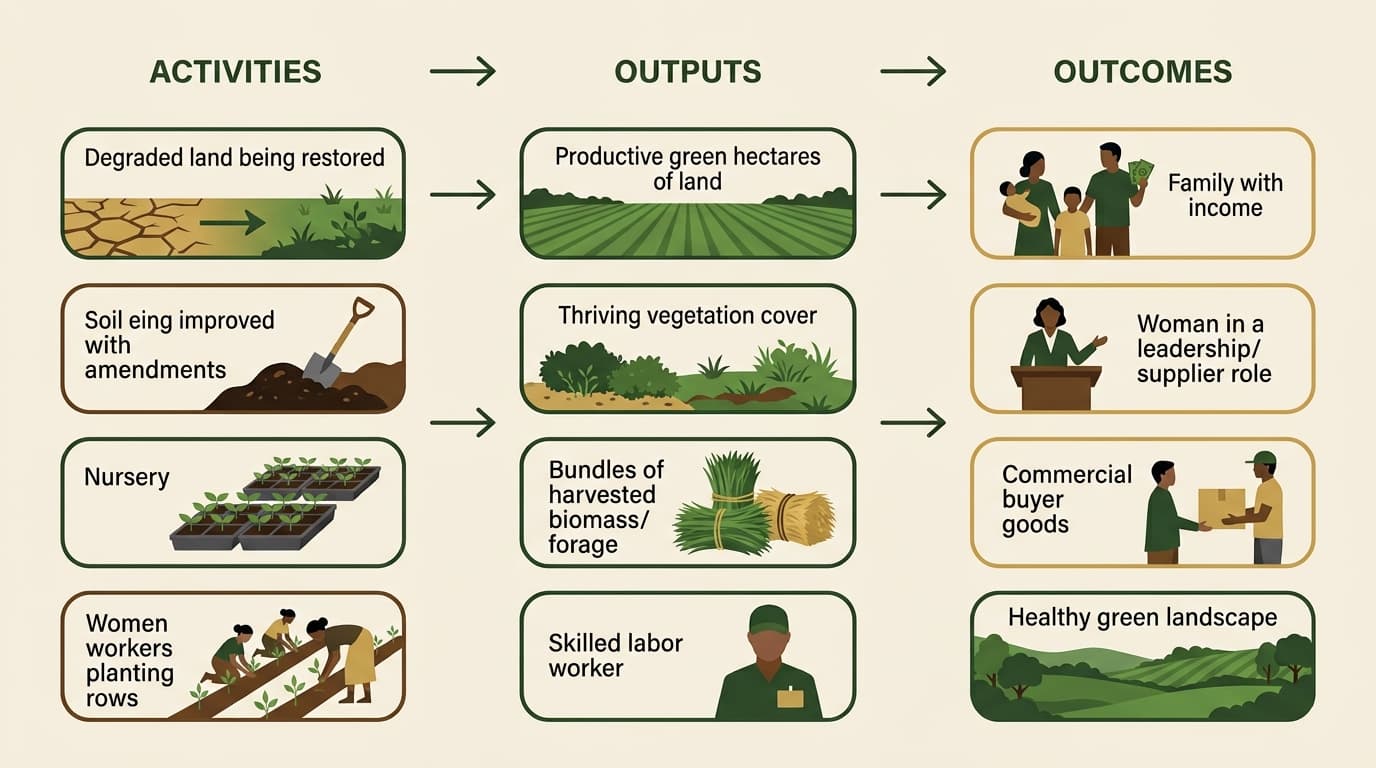 Theory of change diagram showing activities producing outputs that lead to outcomes