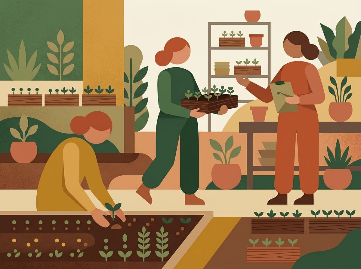 Three women working together in a nursery, planting and tending to seedlings, surrounded by plants