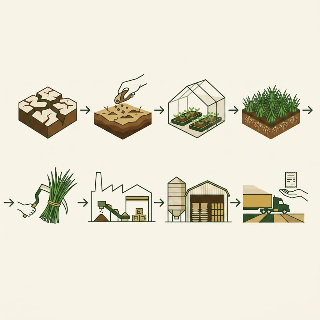 Eight-step integrated value chain from land preparation through soil improvement, nursery, cultivation, harvesting, processing, storage, to buyer fulfilment